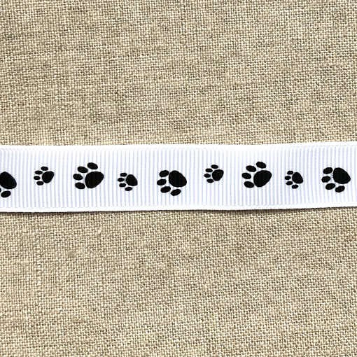 イギリスデザイン グログランリボン 2m 犬＆猫ポウ ホワイト ブラック JT 足跡 R-0690 1枚目の画像