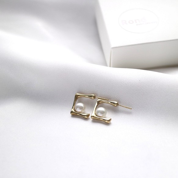 Akoya>Mini square hoop pierce(gold) ピアス（フープ） Rond-Pearl