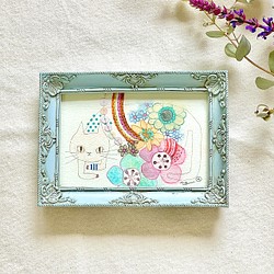 小さな刺繍入り水彩画「お花を生みながら進むネコ。」 1枚目の画像