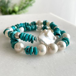 Silver925 Turquoise and Pearl Stretch stack Bracelet Set 第1張的照片
