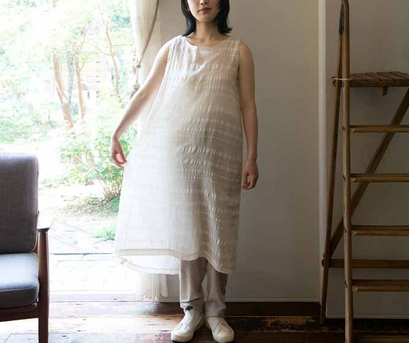 OrganicCotton &amp; Linen Border 背釘無袖連衣裙 第1張的照片