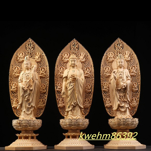 貴重供養品 阿弥陀如来三尊立像 勢至菩薩 淨瓶観音 切金 西方三聖 仏教美術品 木彫仏像 精密細工