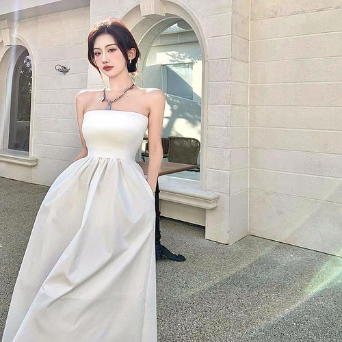 ワンピース 韓国 ドレス ハイウエスト ロングスカート オフショルダー