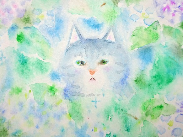 原画】紫陽花と仔猫 6月の宝石 2022.6.15 水彩画 no.137 lvcsac.com.pe