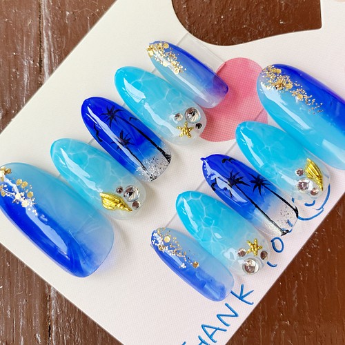 海ネイル 夏ネイル 青 ブルー ヤシの木 グラデーション ネイルチップ ネイルチップ ネイルシール Smiley Nail 通販 Creema クリーマ ハンドメイド 手作り クラフト作品の販売サイト