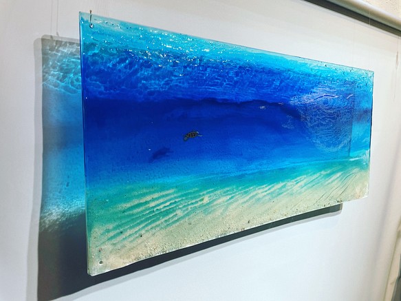 完成品在庫限り！ビッグサイズ　コバルトブルーウォーター　タートルコーラル　南の島のカメ　壁掛けアートパネル90×40 1枚目の画像