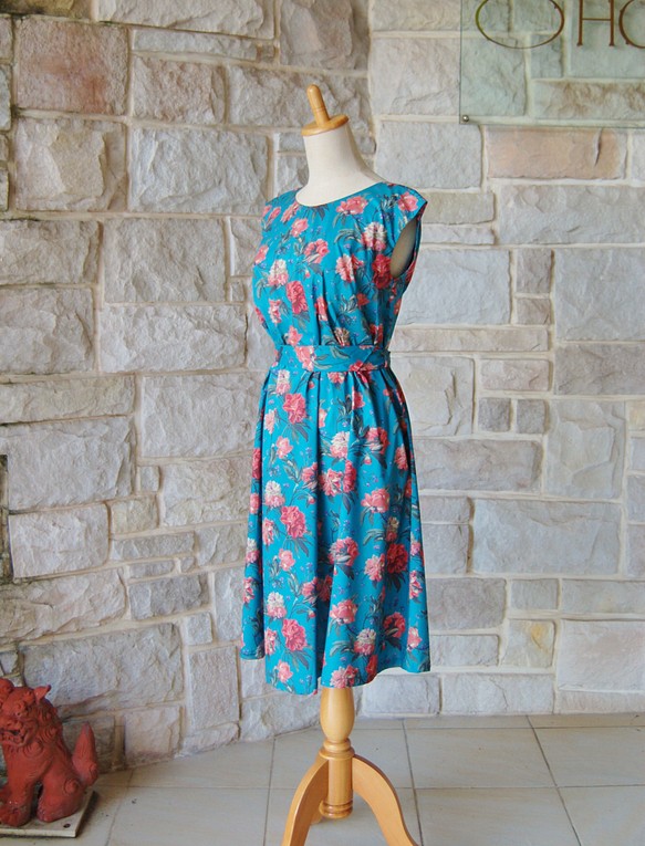 ❁ 英式花園棉質連衣裙 ❁ 松石藍 x 玫粉色法式袖 第1張的照片