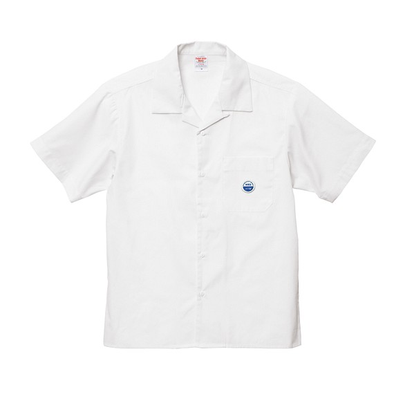 T/C オープンカラー シャツ【ホワイト】 WED HYM 刺繍ワッペン付き 1枚目の画像