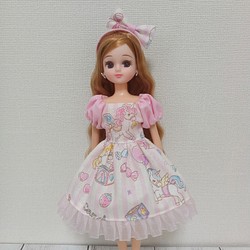 22cmドール服　ゆめかわ♡ワンピース　リカちゃん・ブライスサイズ　ピンク　ユニコーン 1枚目の画像
