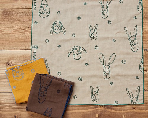 +HAyU fabric ～RABBIT～ 綿100%ダブルガーゼ刺繍ハンカチ