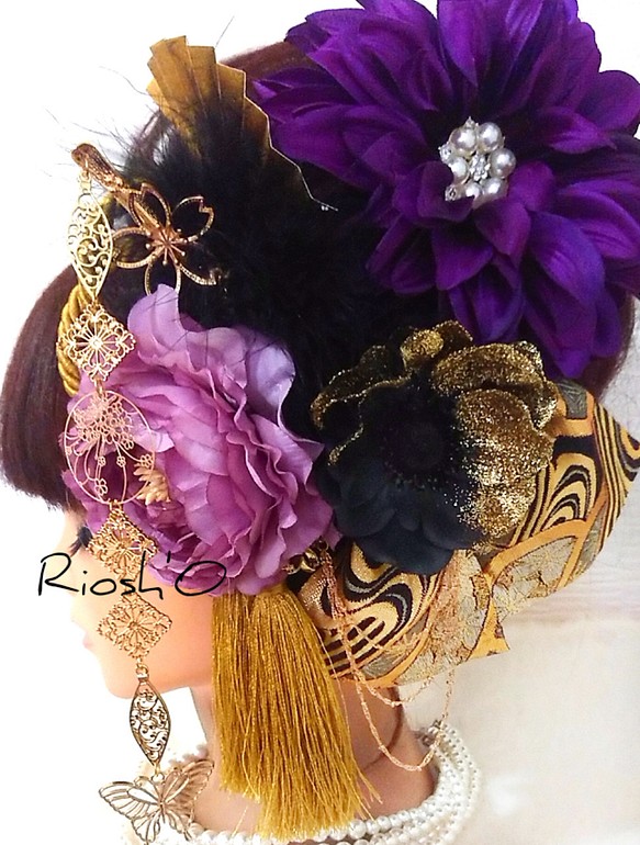 黒金×紫 簪(かんざし) リボン付き 髪飾り セット ❀ 成人式 花魁風