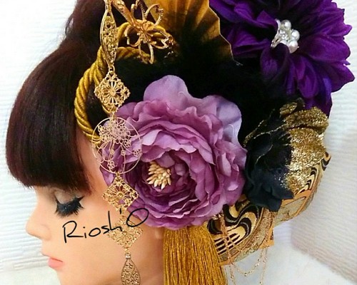 黒金×紫 簪(かんざし) リボン付き 髪飾り セット 成人式 花魁風 和装