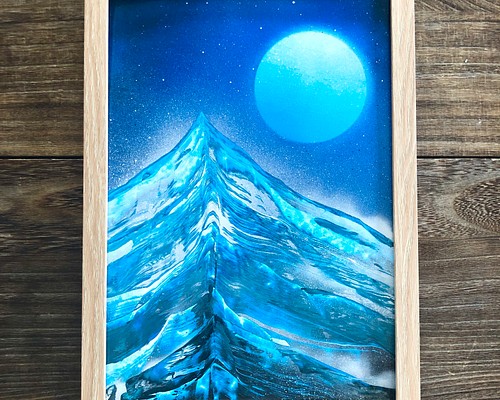 【涼を感じる青】「暁の山」原画 A4フレーム付き風景画 スプレーアート
