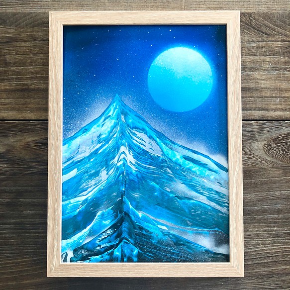 [感覺很酷的藍色]“Akatsuki no Yama”原畫A4山水畫帶框架噴塗藝術 第1張的照片