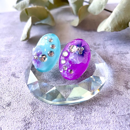 glass oval purple tiffanyblue bycolor flower Earrings ピアス 