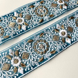 【50cm】インド刺繍リボン 青緑　ネット　GN432