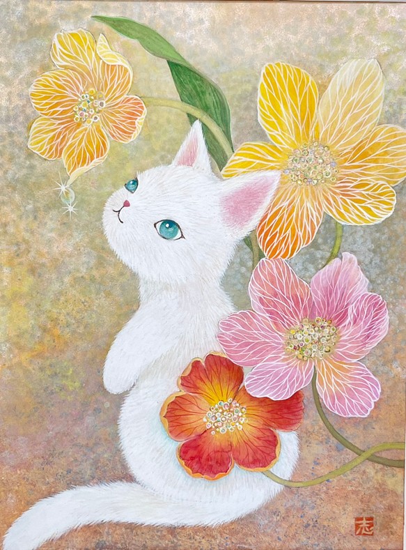 雫きらら✴︎猫と花 (原画) 絵画 atelier HASU 通販｜Creema(クリーマ)