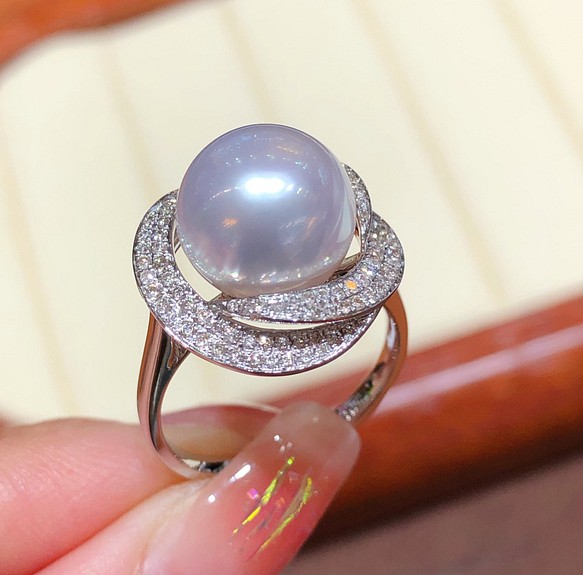 ホットディール 【高級】天然南洋真珠　天然ダイヤモンド付きパールリングk18 リング