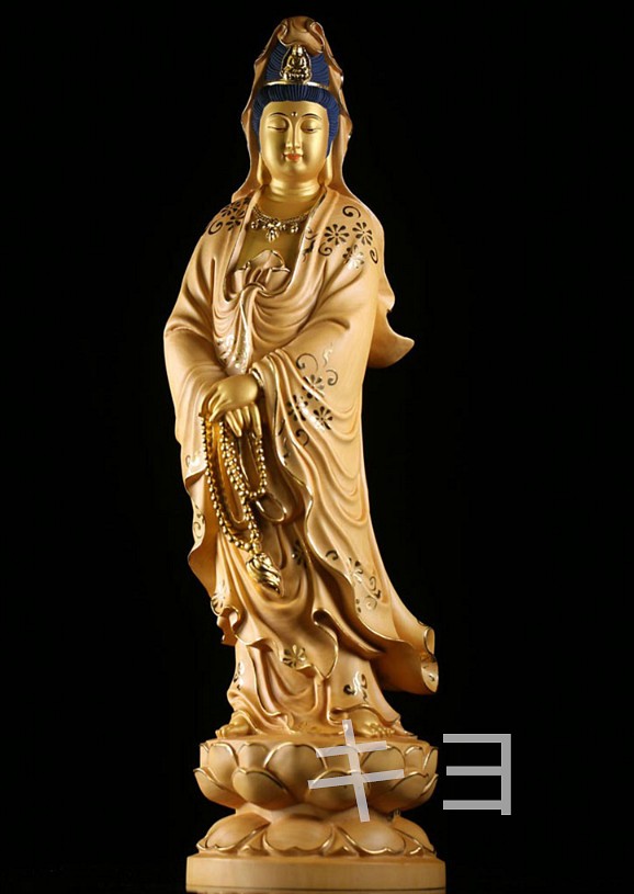 極上品 観音菩薩 切金 彩絵 仏教工芸品 置物 木彫仏像 精密彫刻 仏師彫り