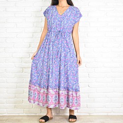 [大碼] Pedicel V 領連衣裙 Blue &amp; Pink 第1張的照片