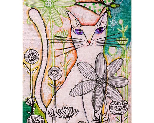 原画 北欧アート『猫と緑のお庭』 おしゃれ モダンアート 現代アート ねこ cat 絵画 グリーン 花の絵