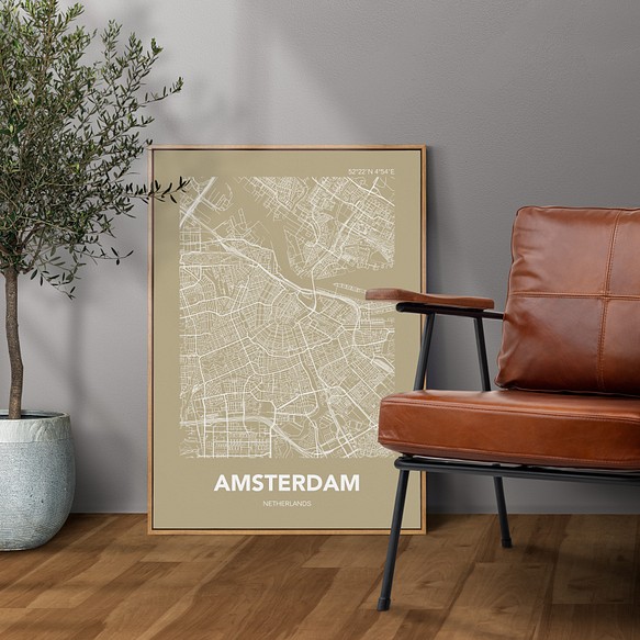 アートポスター MAP アムステルダム ベージュ L判 ハガキ 2L判 A4 A3 B3 A2 B2 アート モノトーン 1枚目の画像