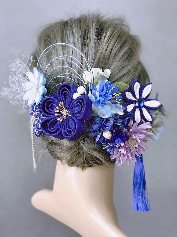販売 髪飾り 成人式 卒業式 結婚式 ブルー 青 造花 タッセル つまみ