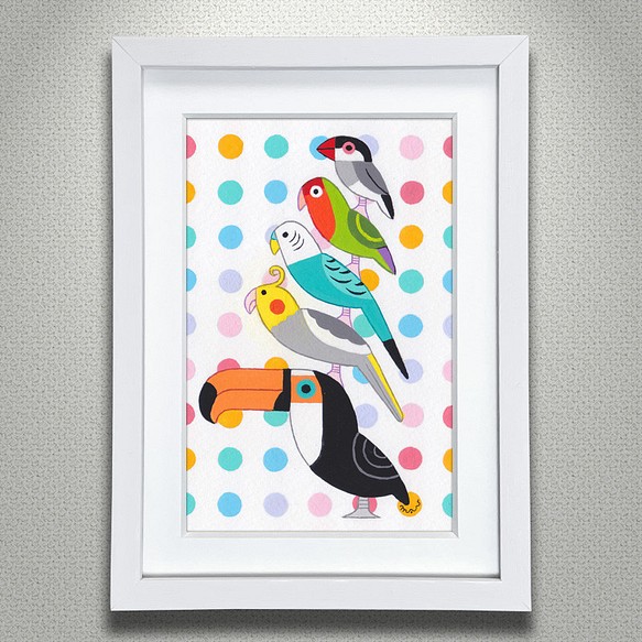原画「お洒落な小鳥ブレーメン カラフルドット 水玉」アート絵画 1枚目の画像