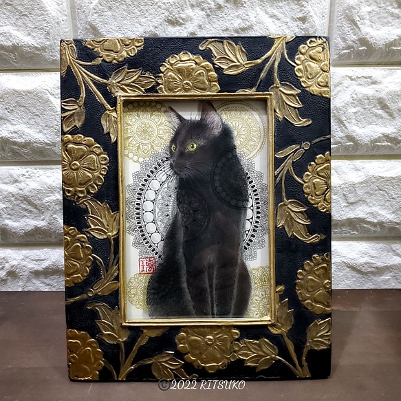原画 1点もの 額装付き 色鉛筆画 ボールペン画 福猫 猫 黒猫 猫の絵 ネコ ねこ 絵画 絵 アート