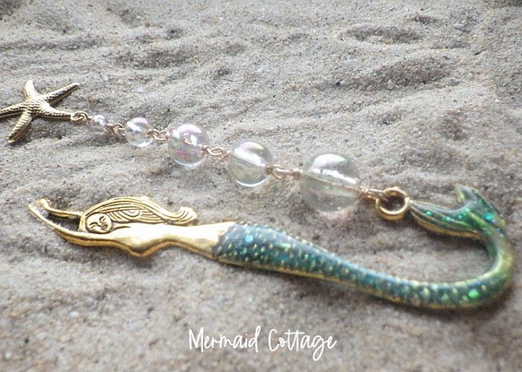 マーメイドのブクブク海の泡ブックマーク　(ヒトデ＆ゴールド＆尻尾プックリ青） 1枚目の画像