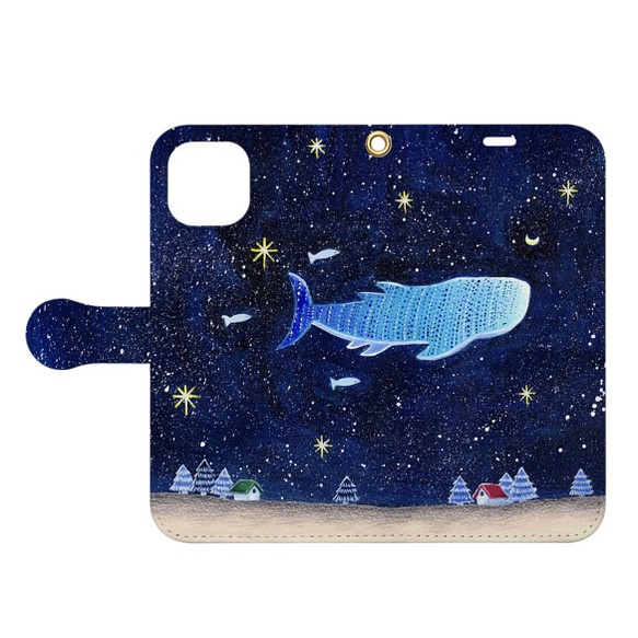 【iPhone・Android対応】ジンベイザメが泳ぐ夜【手帳型スマホケース・手描き風】 1枚目の画像