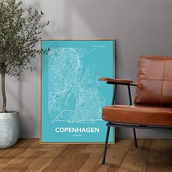アートポスター MAP コペンハーゲン デンマーク ブルー L判 ハガキ 2L判 A4 A3 B3 A2 B2 アート 1枚目の画像