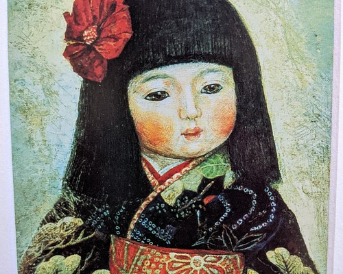 マット付額絵　油彩キャンバス画の複製　日本人形　東あゆみ作