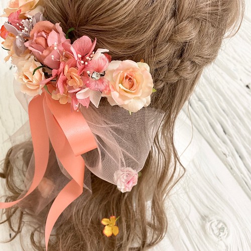 ブーケの様な髪飾り サーモンピンクヘッドドレス ヘアアクセサリー 