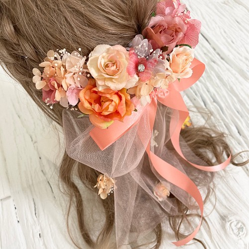 ブーケの様な髪飾り サーモンピンクヘッドドレス ヘッドドレス 