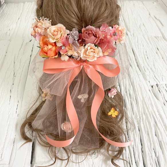 ブーケの様な髪飾り サーモンピンクヘッドドレス - ヘアアクセサリー