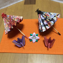 折り紙和傘、祝い鶴、花のセット、和雑貨、和小物、結婚式、箔押し 