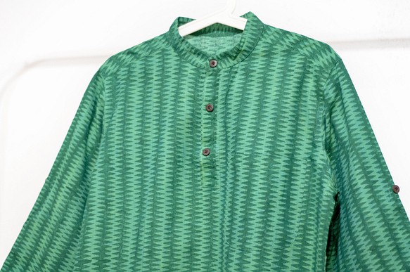 聖誕節禮物 交換禮物 情人節禮物 生日禮物 男裝木刻印純棉長袖襯衫 印度純棉棉衣 blockprint長袖-綠色草原條紋 第1張的照片