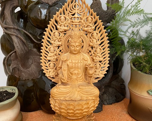 極上彫 木彫仏像 普賢菩薩座像 普賢菩薩 天然木檜材 仏教工芸品-