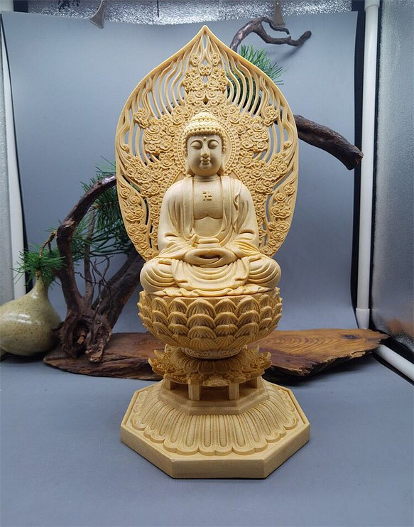 仏教工芸品 総檜木材 極上品 阿弥陀如来像 精密細工 供養品-