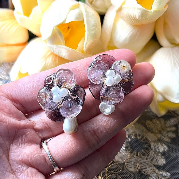 2Way 淡水パールとお花のレジンピアス&イヤリング フラワー レジン