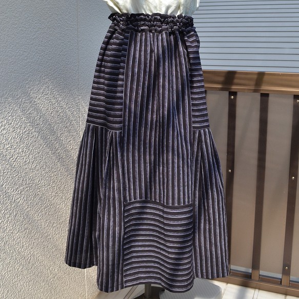 着物リメイク　木綿ギャザースカート　Ｊ-68 1枚目の画像
