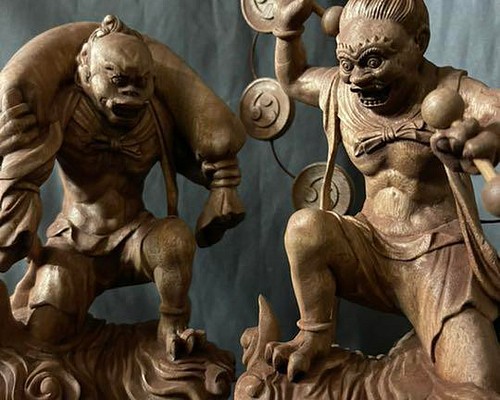 井波彫刻 仏教工芸品 総楠製 極上彫 木彫仏像 風神雷神図一式 彫刻 