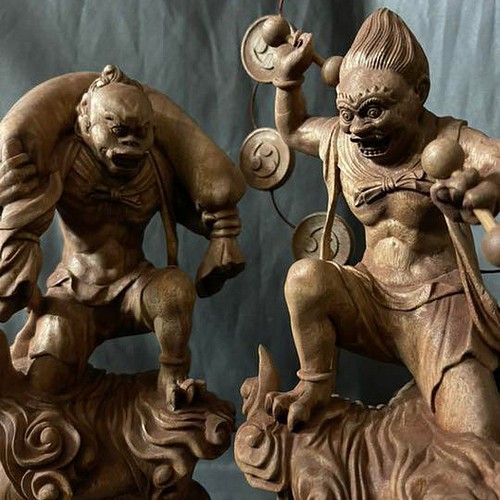 井波彫刻　仏教工芸品　総楠製　極上彫　木彫仏像　風神雷神図一式