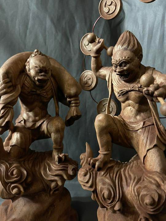 井波彫刻 仏教工芸品 総楠製 極上彫 木彫仏像 風神雷神図一式 彫刻