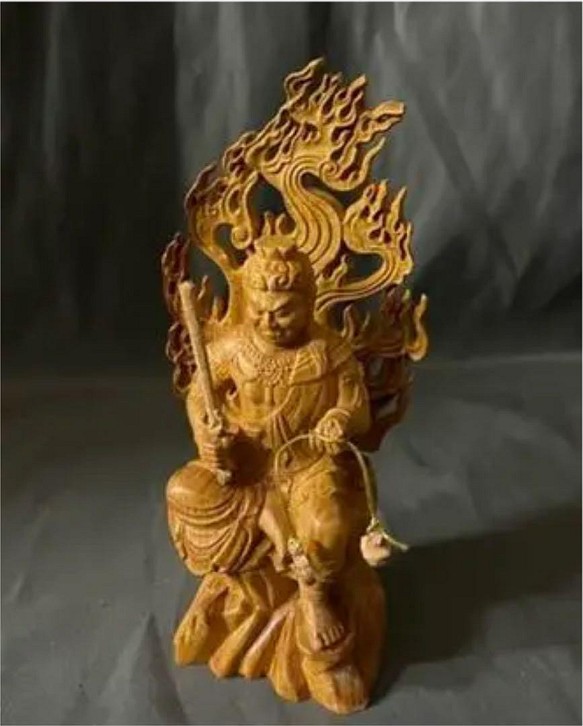 極上品 仏教工芸品 一刀彫 総ケヤキ材 木彫仏像 不動明王座像