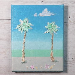 真夏の浜辺／アクリル作品　キャンバス　原画　F０号　ビーチ　ヤシの木　貝殻 1枚目の画像