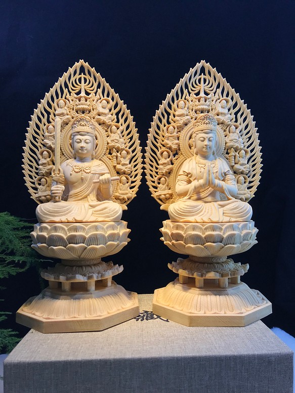 最新作　大型高37cm　仏教工芸品　総檜木材　文殊菩薩座像　普賢菩薩座像　一式