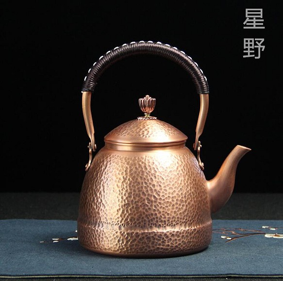 手作り☆ 純紫銅製 锤紋 銅器 鍛造 桶形 銅瓶 提梁壺 茶道具 煎茶道具