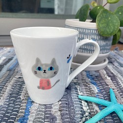 【再販】マグカップ　陶器　猫　グレー　ボーダー　手描き　ハンドペイント 磁器　名入れ 1枚目の画像